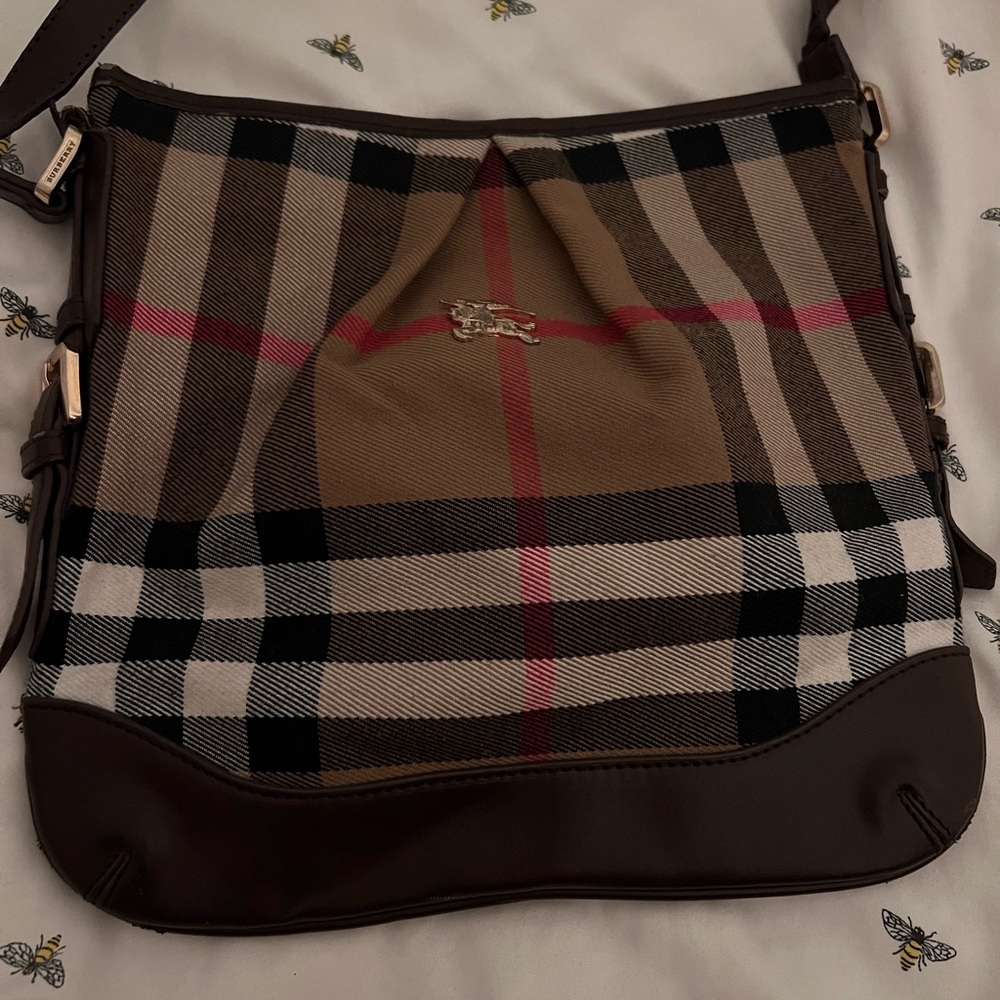 Burberry Beige and Red Check Shoulder Bag with Gold Equestrian Motif